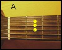Kter tny akordu A smrem od 1. struny (nejten) k 6. strun (nejtlust) jsou oznaeny lutm puntkem? (nhled)