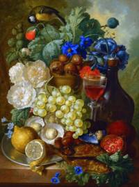 Autorem obrazu č.16 „Zátiší s ovocem, vínem a květinami“ je slavný malíř: (náhled)