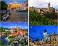 Mezi památky UNESCO se řadí i celá historická jádra některých českých měst. Označte písmena, pod kterými jsou na fotografii č.2 uvedena česká historická města zařazena na seznam UNESCO: (náhled)