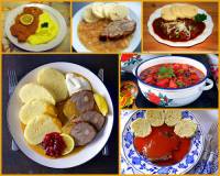 Věhlasná a mezi zahraničními turisty oblíbená je i česká kuchyně. Z nabídky jídel na fotografii č.5 vyberte a označte jídla, která se turistům předkládají jako typicky česká: (náhled)