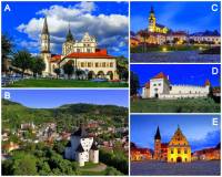 Mezi památky UNESCO se řadí i celá historická jádra některých slovenských měst. Označte písmena, pod kterými jsou na fotografii č.21 uvedena slovenská historická města zařazena na Seznam světového kulturního a přírodního dědictví UNESCO: (náhled)