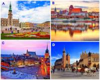 Mezi památky UNESCO se řadí i celá historická jádra některých polských měst. Označte písmena, pod kterými jsou na fotografii č.5 uvedena polská města, jejichž historické jádro je zařazeno na Seznam světového kulturního a přírodního dědictví UNESCO: (náhled)