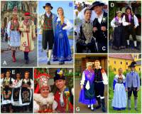 Slovinsko je zemí, která je bohatá na kulturní tradice. Ke kulturním tradicím patří i slovinský folklór (národopis) = dodržování lidových tradic, zvyků, písní, tanců a krojů. Na fotografii č.8 jsou kroje z různých zemí označeny písmeny. Vyberte a označte obrázky s písmeny na kterých jsou slovinské kroje: 	 (náhled)