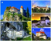 Slovinsko je poměrně bohaté na historické stavby, zejména na středověké hrady.  Na fotografii č.12 je několik slovinských hradů.  A) Pod kterým písmenem je Bledský hrad?    B) Který slovinský hrad je označen písmenem B? (náhled)