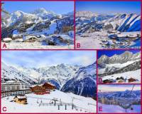 Rakousko je skutečným rájem lyžování. Je zde více než 300 zimních středisek, které nabízejí pěkné ubytování v horských hotelech a penzionech a v rozlehlých skiareálech vybavených mnoha vleky, lanovkami, upravenými sjezdovkami všech obtížností a běžkařskými tratěmi, vynikající podmínky pro lyžování. Rakousko je zemí s mnohaletou tradicí lyžování, je kolébkou tohoto sportu, neboť již v r.1904 byla v Rakousku otevřena vůbec 1. sjezdovka na světě! .  Na fotografii č.4 je několik nejoblíbenějších zimních lyžařských středisek v Rakousku.  A) Pod kterým písmenem je lyžařské středisko Sölden Arena?    B) Které lyžařské středisko je označeno písmenem B? (náhled)