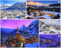 Podobně jako Rakousko, jsou i Švýcarské Alpy rájem milovníků zimních sportů. Lyžařských středisek je zde o něco méně než v Rakousku, ale jejich úroveň ubytování, stravování i vybavenosti je zcela srovnatelná. Ubytování v útulných horských hotelech a penzionech a v rozlehlých skiareálech vybavených mnoha vleky, lanovkami, upravenými sjezdovkami všech obtížností a běžkařskými tratěmi, vynikající podmínky pro lyžování.  A) Pod kterým písmenem je na fotografii č.5 lyžařské středisko Zermatt?    B) Které lyžařské středisko je označeno písmenem A?	 (náhled)