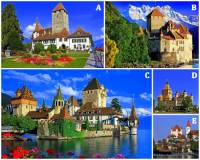 Švýcarsko je poměrně bohaté na historické stavby, zejména na středověké hrady.  Na fotografii č.8 je několik švýcarských hradů.  A) Pod kterým písmenem je hrad Oberhofen?    B) Který švýcarský hrad je označen písmenem B? (náhled)