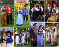 Švýcarsko je zemí, která je bohatá na kulturní tradice. Ke kulturním tradicím patří i švýcarský folklór (národopis) = dodržování lidových tradic, zvyků, písní, tanců a krojů. Na fotografii č.10 jsou kroje z různých zemí označeny písmeny. Vyberte a označte obrázky s písmeny na kterých jsou švýcarské kroje: (náhled)