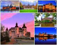 Švédsko je bohaté na historické stavby, zejména na středověké hrady a honosné zámky.  Na fotografii č.12 je několik hradů a zámků ve Švédsku.  A) Pod kterým písmenem je středověký hrad Kalmar?   B) Které švédské historické sídlo je označeno písmenem E? (náhled)